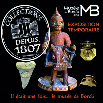 Affiche expo temporaire musée 2025 fond noir avec objets scientifiques et ethnographiques