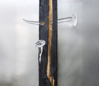 oeuvre artiste Carrère planche en bois noire transpercée par une corne de taureau en verre transparent